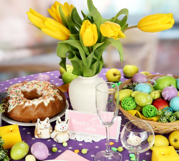 Easter Table Setting with Tulips and Cake