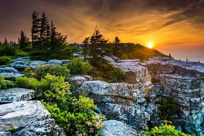 Sunset over rocky landscape in West Virginia, USA