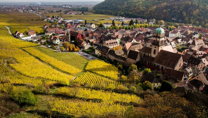 Alsace village with vineyards in autumn