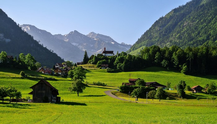 Village and mountains in Flueli, Switzerland