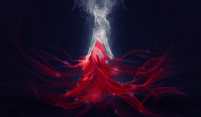 Woman in red dress made of smoke