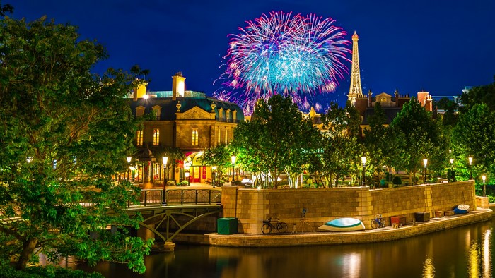 Fireworks over Eiffel Tower replica at night