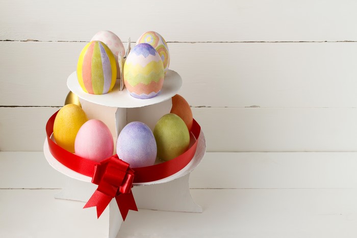 Easter Eggs on a Tiered Stand with Red Bow