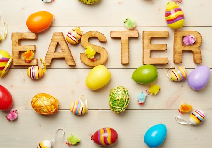 Easter wooden letters with eggs and chicks