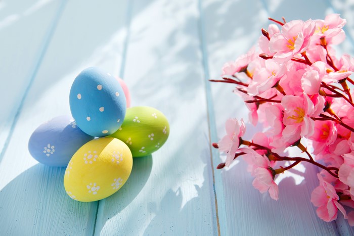 Easter Eggs and Pink Cherry Blossoms