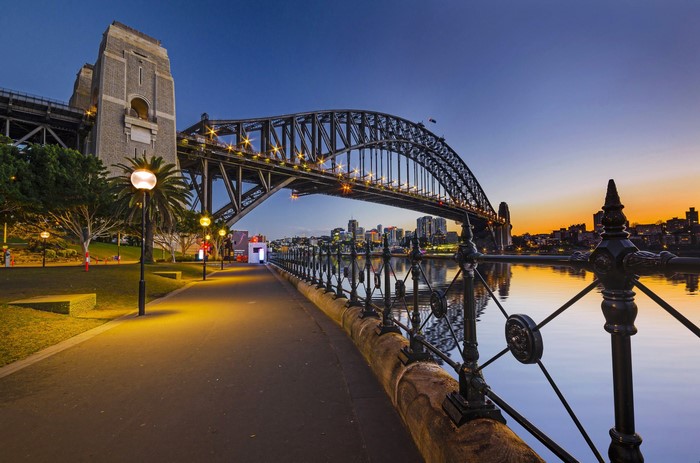 Sydney Harbour Bridge at dusk with city skyline