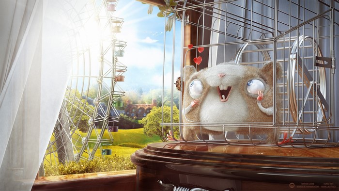Cartoon hamster in a cage looking out a window at a Ferris wheel