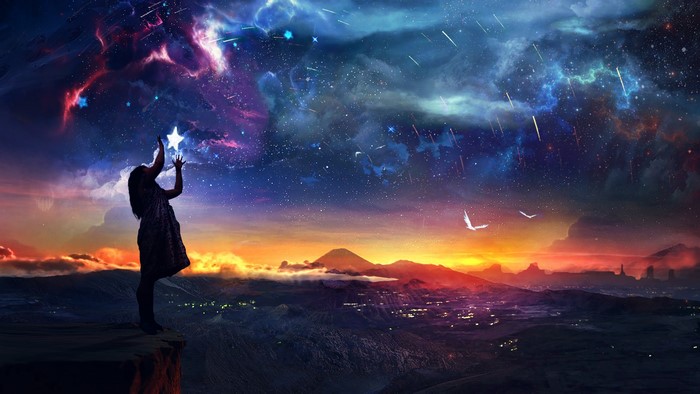 Girl reaching for a star in a cosmic sky over mountains