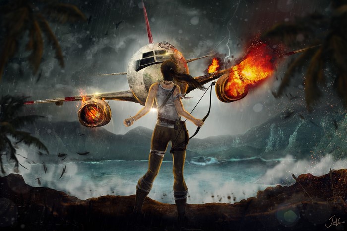 Lara Croft from Tomb Raider in front of a crashing airplane