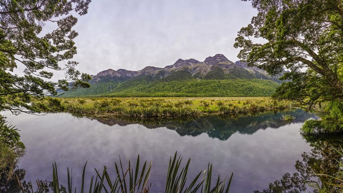 Mirror Lakes Scenery in New Zealand with Mountains