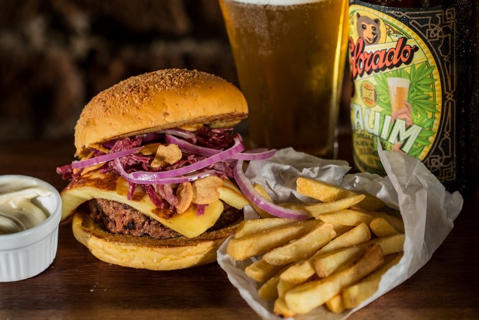 Hamburger, French fries, and beer