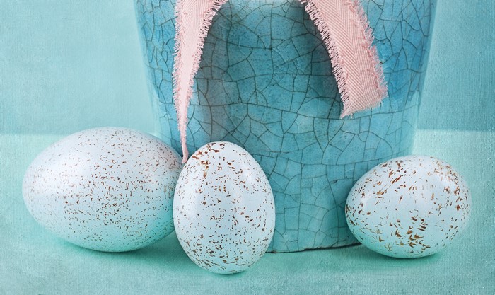 Three Easter Eggs with Blue Pot and Pink Ribbon