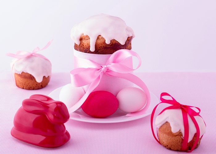 Easter Kulich Cakes with Eggs and Bunny Decoration