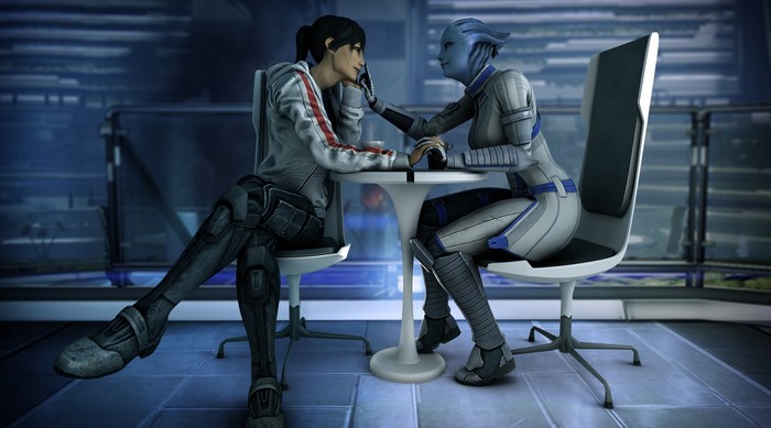 Liara and Shepard from Mass Effect sitting at a table
