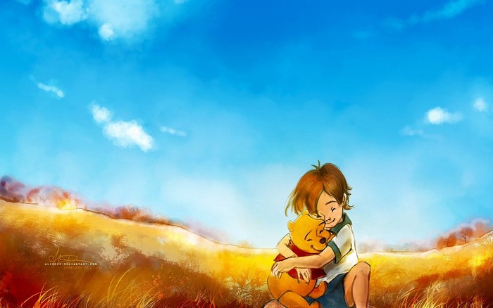 Christopher Robin and Winnie the Pooh hugging