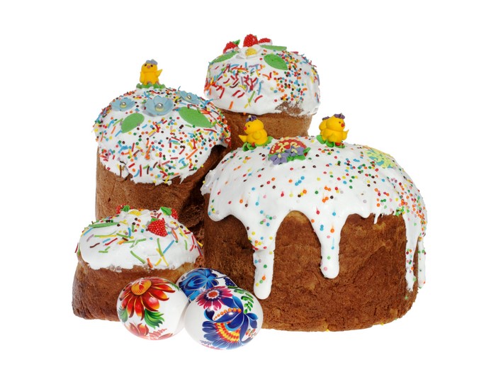 Colorful Easter Kulich Cakes with Painted Eggs