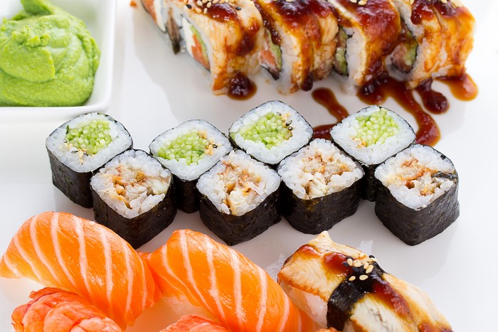 Sushi platter with eel, salmon, and wasabi