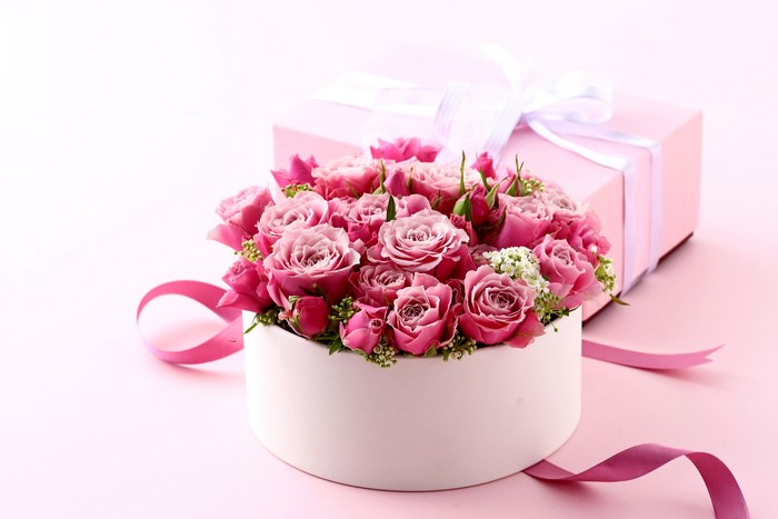 Pink Roses in a White Box with a Pink Gift Box