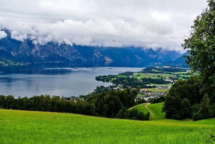 Lake Traunsee with Mountains and Green Fields in Austria