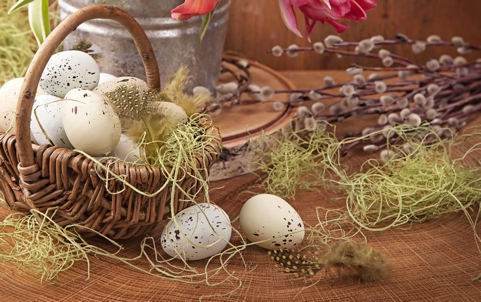 Easter eggs in a wicker basket with pussy willow branches