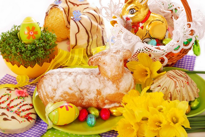 Easter Pastry Lamb, Cake, Chocolate Bunny, and Daffodils