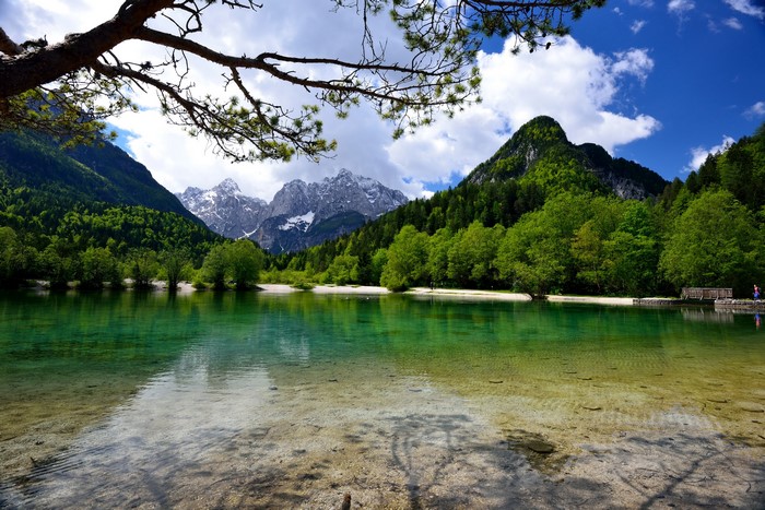 Jasna Lake, Slovenia, with Mountains and Forest