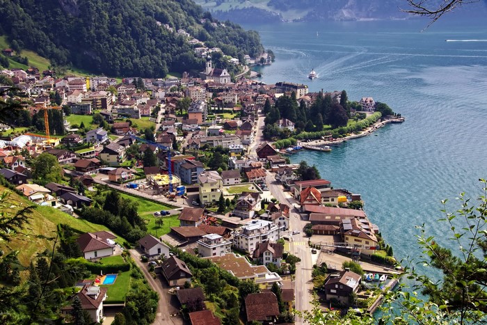 Gersau village on Lake Lucerne, Switzerland, aerial view