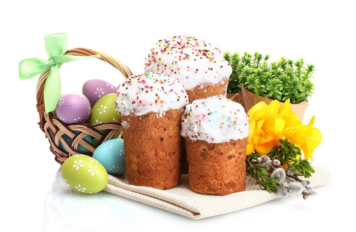 Easter Kulich Cakes, Eggs, and Flowers in a Basket