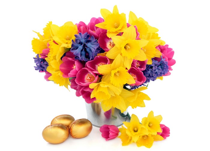 Easter bouquet of daffodils, tulips, hyacinths, and golden eggs