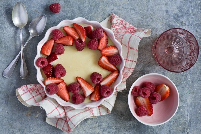 Dessert with strawberries and raspberries