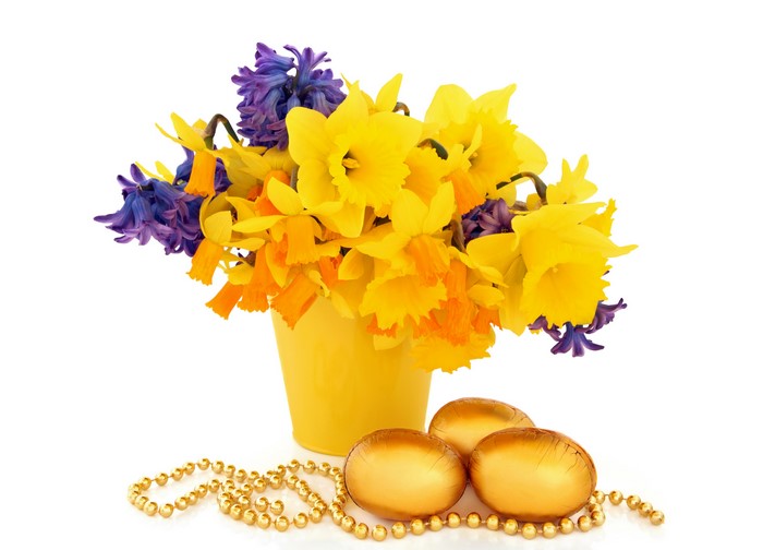 Easter Daffodils and Hyacinths with Golden Eggs and Jewelry