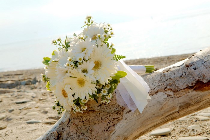 White bouquet of gerberas and camomiles on a driftwood