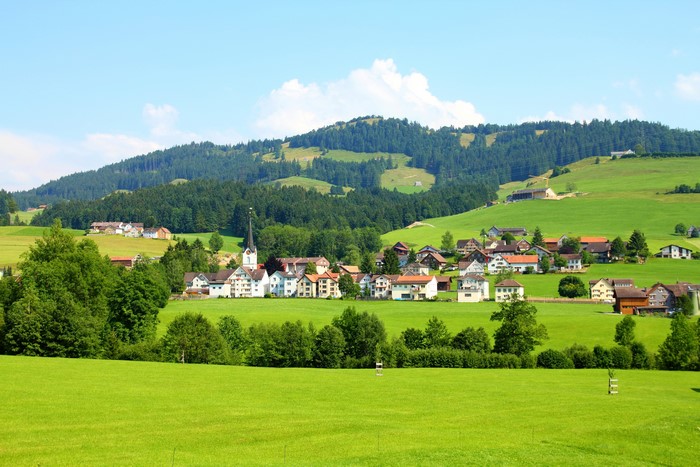 Village in the Swiss Alps with green fields and forests