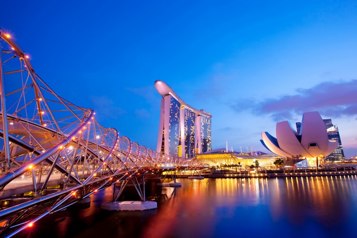 Helix Bridge and Marina Bay Sands at night, Singapore