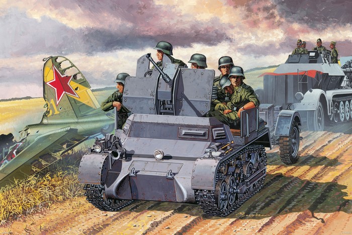 German soldiers with anti-aircraft vehicle and downed Soviet plane