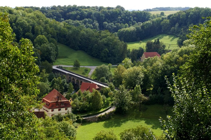 Scenic view of Rothenburg, Germany with forests and houses