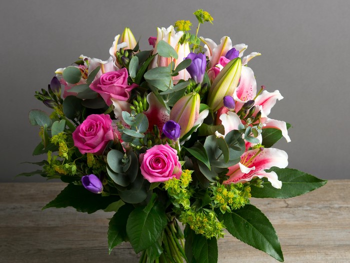 Pink Roses, Lilies, and Freesia Bouquet with Eucalyptus