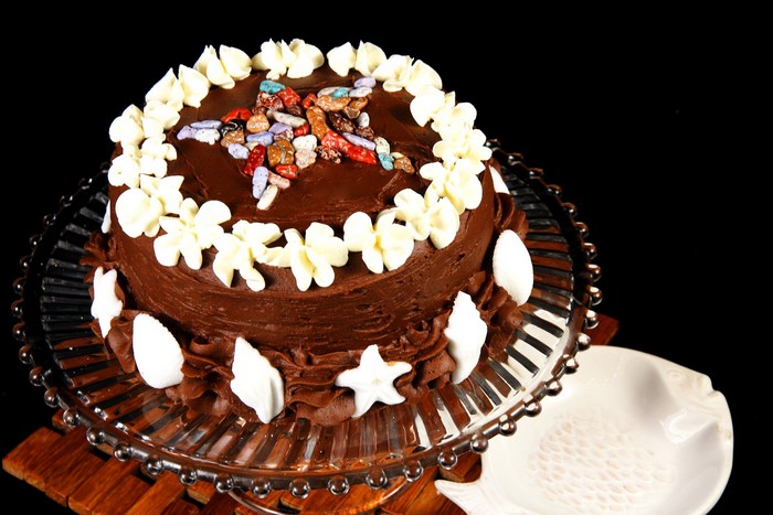 Chocolate cake with white frosting and candy