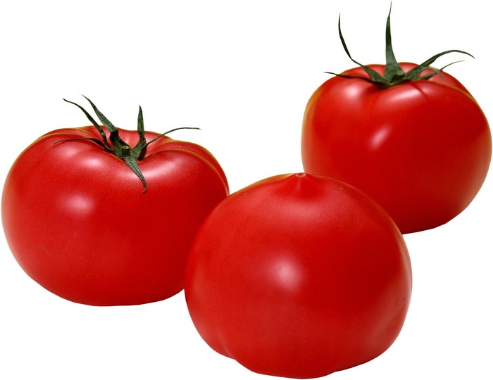 Three red tomatoes on a white background