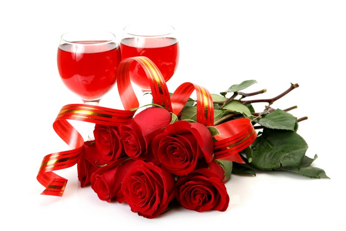 Red Roses and Wine Glasses with Ribbon