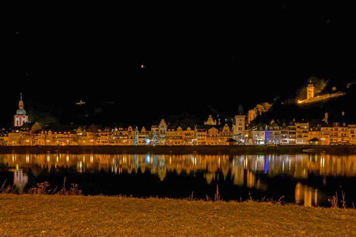 Zell, Germany at night with river reflections