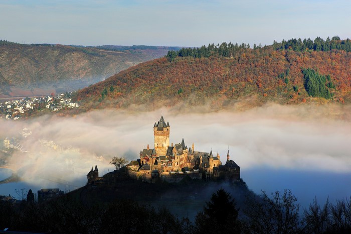 Reichsburg Cochem Castle in Fog, Germany