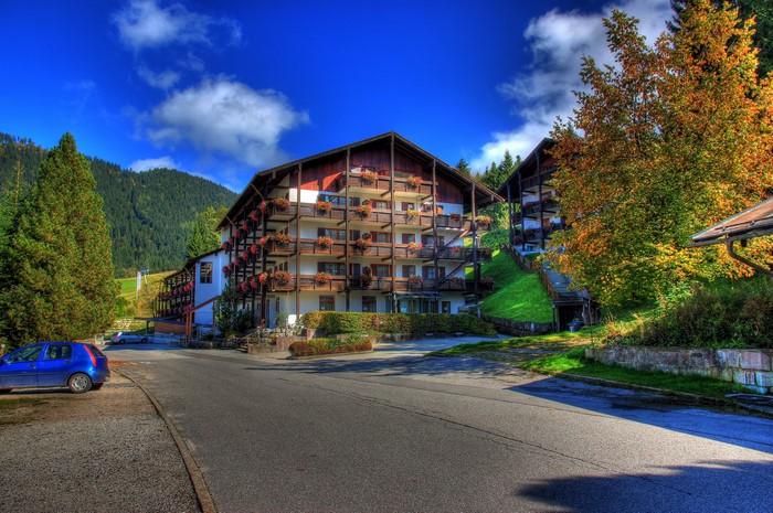 Hotel in Berchtesgaden, Germany with Mountains and Autumn Trees