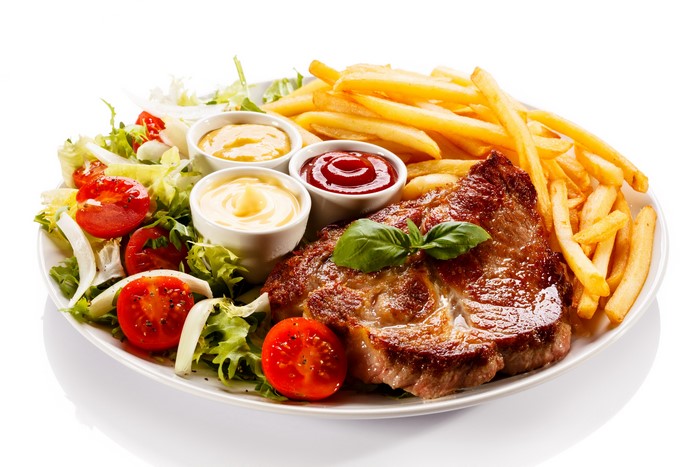 4K Grilled Steak with French Fries and Fresh Salad