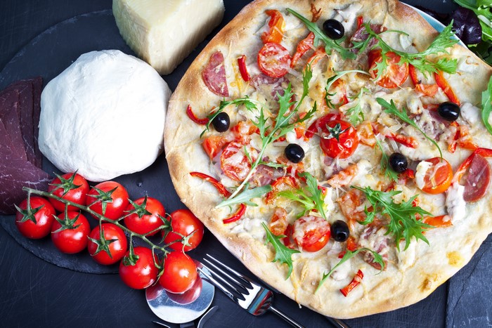 Pizza with Tomatoes, Olives, and Salami