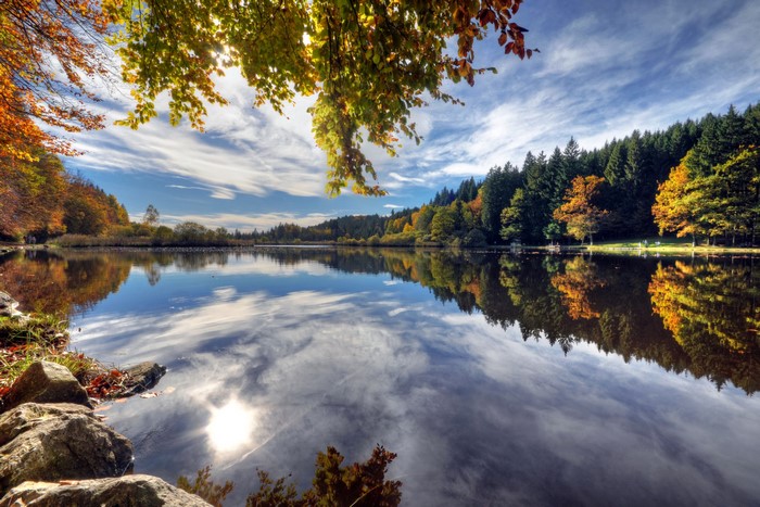 Deininger Weiher Lake in Germany with Autumn Forests