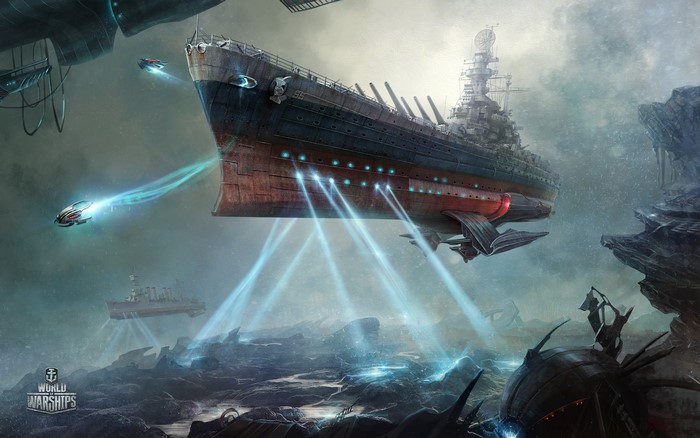 Battleship from World of Warships in a futuristic landscape