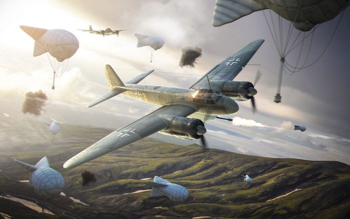 Ju-88 bomber aircraft in aerial combat with barrage balloons