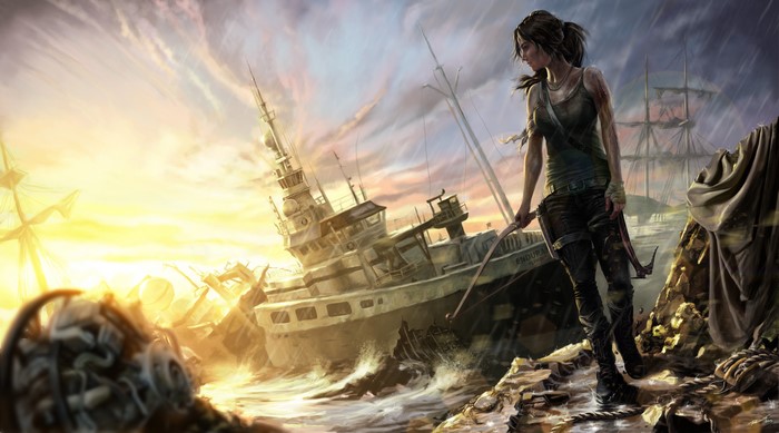 Lara Croft from Tomb Raider on a shipwrecked beach