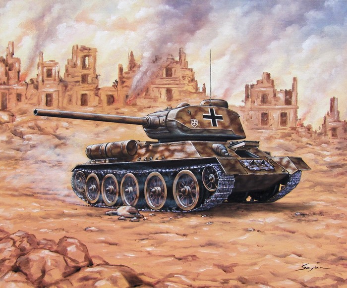 Painting of a German tank in a destroyed city